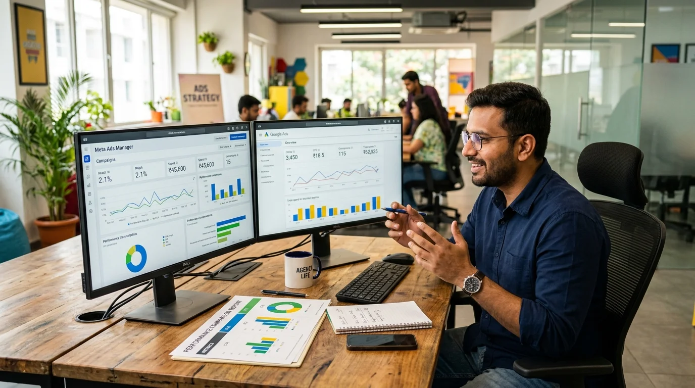 Growth marketer analyzing dual screens with Meta Ads Manager and Google organic search traffic