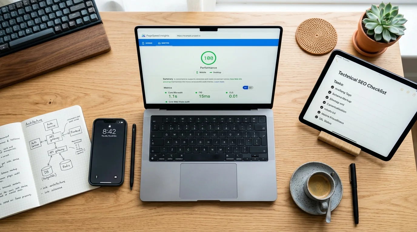 High-end developer desk displaying Google PageSpeed Insights 100 score and technical SEO checklist